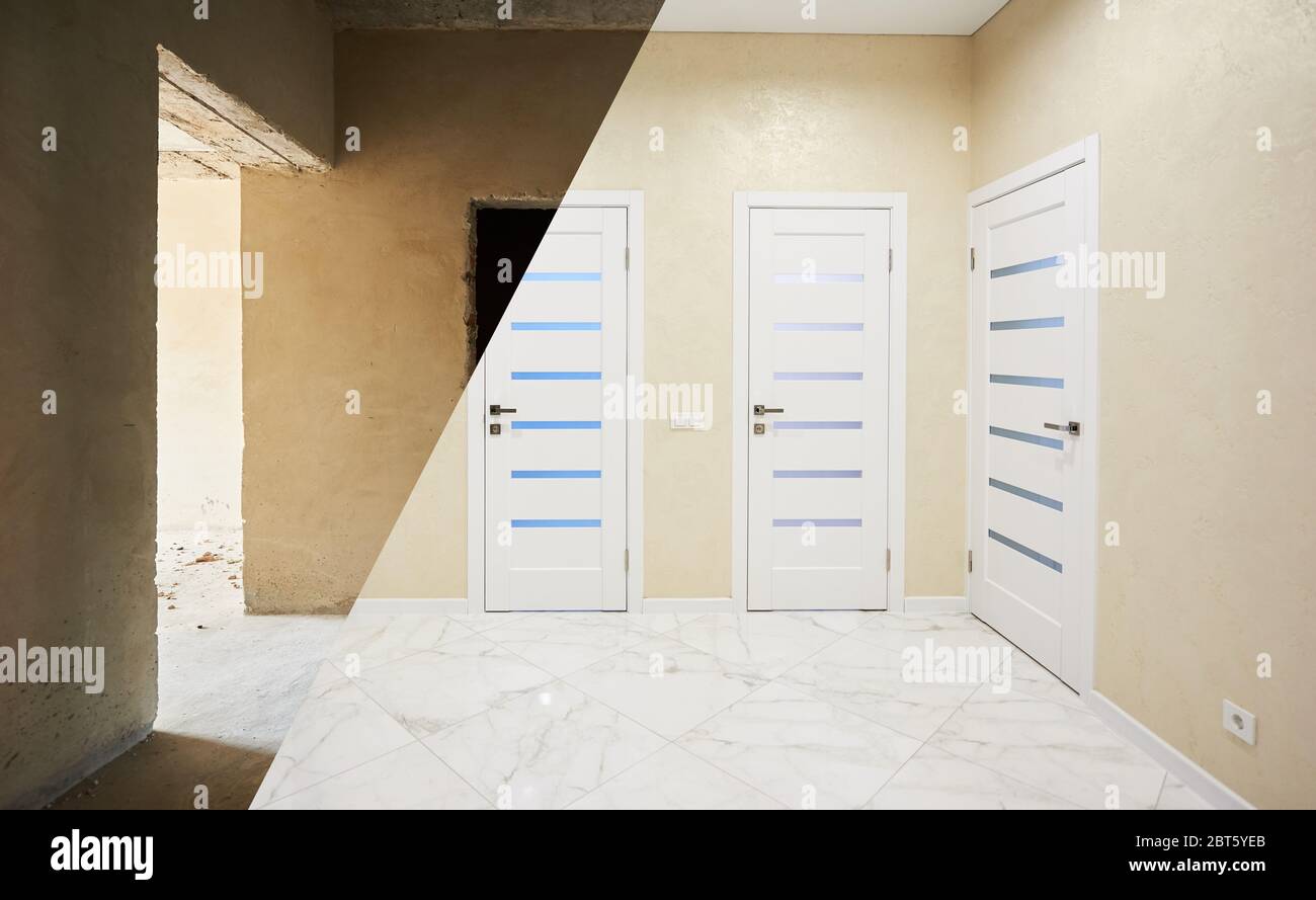 Horizontal snapshot of a room in a big apartment, before and after renovation works, modernized light corridor with many closed white doors and beige walls Stock Photo