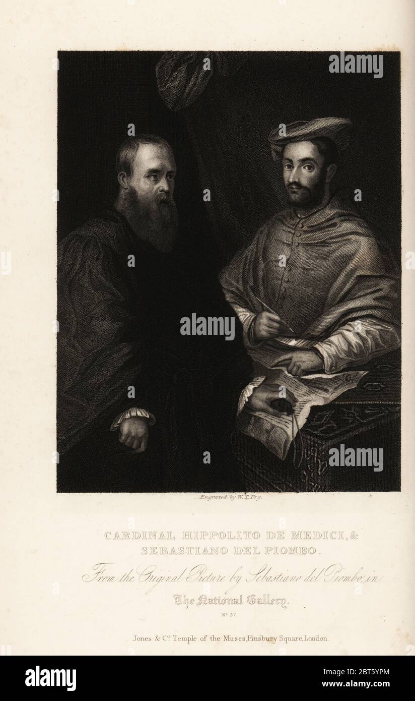 Portrait of Sebastiano del Piombo, Italian painter of the High Renaissance and early Mannerist periods, c.1485-1547, with Cardinal Ippolito de’ Medici. Steel engraving by W.T. Fry after a portrait by Sebastiano del Piombo from National Gallery of Pictures by the Great Masters, published by Jones and Co., Temple of the Muses, Finsbury Square, London, 1836. Stock Photo