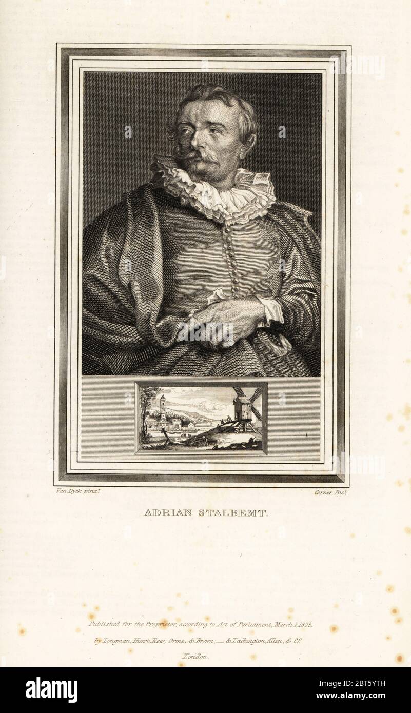 Portrait of Adriaan van Stalbemt, Flemish painter and printmaker known for his landscapes, 1580-1662. Adrian Stalbemt. Medallion shows The Windmill. Steel engraving by John Corner after a portrait by Anthony van Dyck from Portraits of Celebrated Painters with Medallions from their Best Performances, Longman, Hurst, Rees, Orme & Brown, London, 1826. Stock Photo