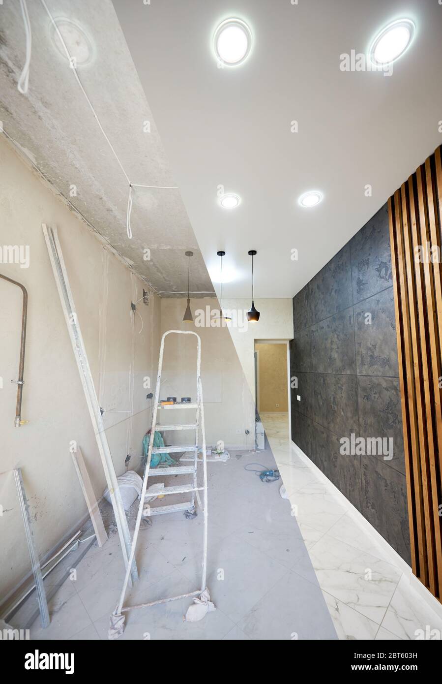 Renovation concept, new kitchen before renovation works and after, shiny tiles on the floor, modern chandeliers hanging from ceiling vs messy room with ladder in the middle Stock Photo