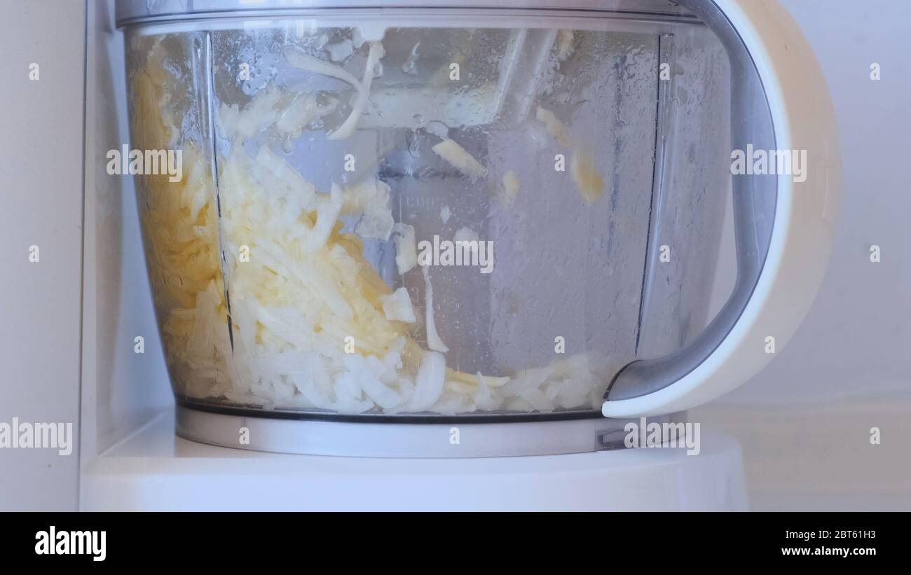 Chopped onions in a food processor. Cooking in a food processor Stock