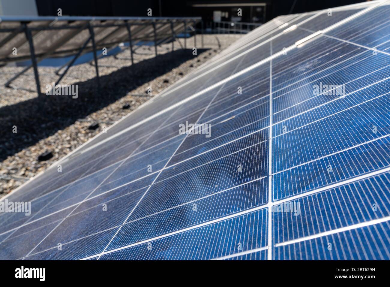 A close up view of a row of modern solar panels on a flat rooftop Stock ...