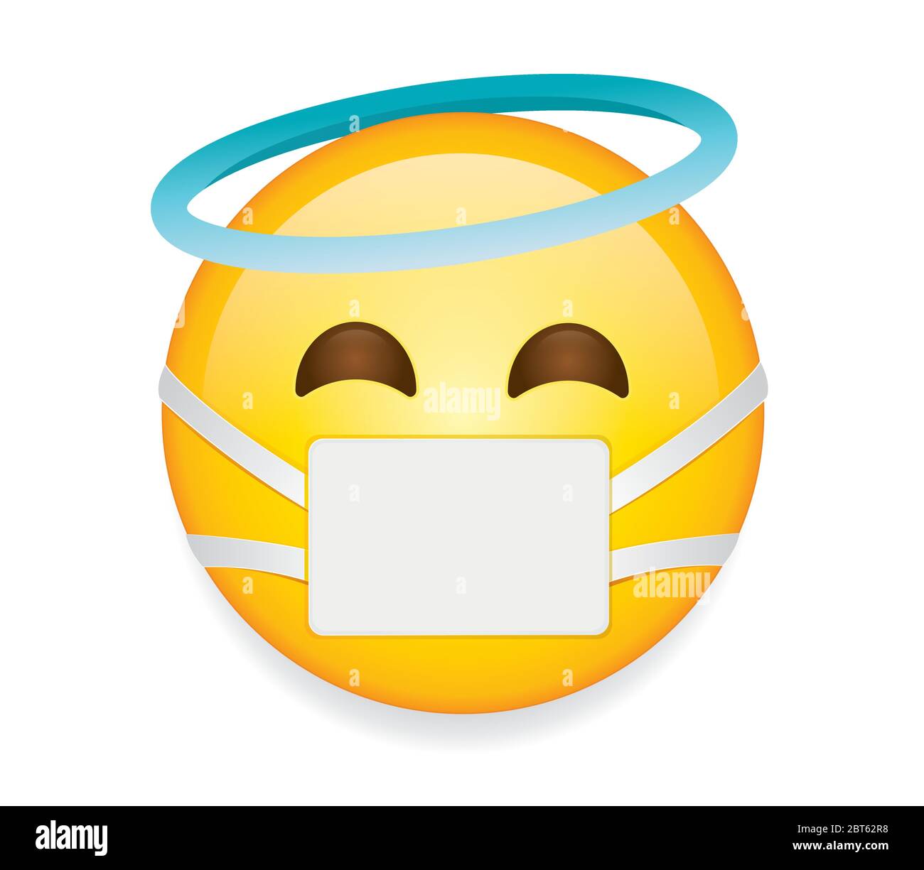 High quality emoticon on white background vector.Emoji Smiling Face With Halo and mask.Yellow smiley face  with mask, smiling, eyes, and blue halo. Stock Vector