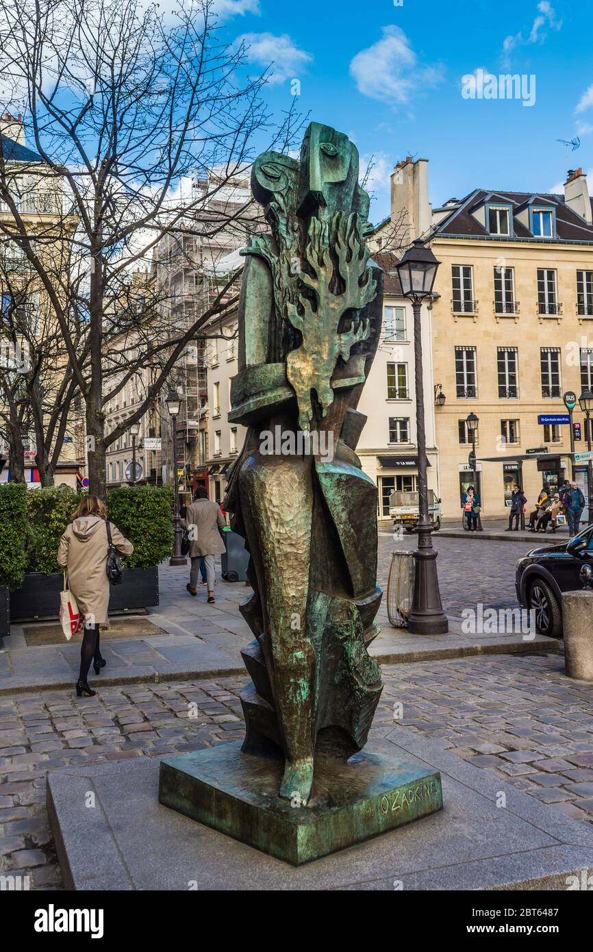 Statue of Prometheus by Ossip Zadkine in the Place Saint Germain des Prés, Paris 6, France. Stock Photo