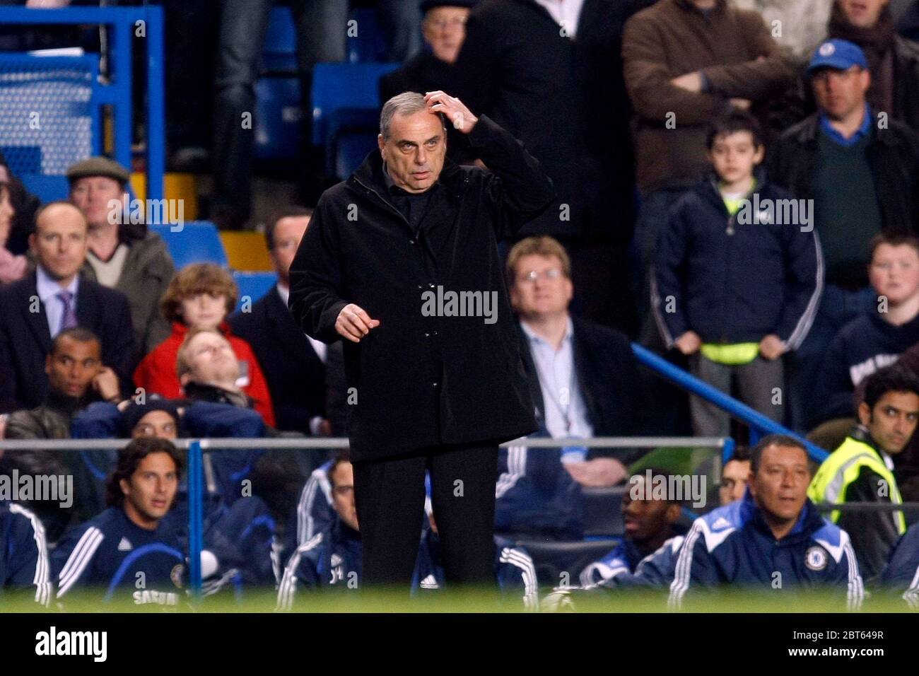 LONDON, UK APRIL 14: Chelsea's Manager Avram Grant looks dazed at Wigans last minute equaliser during Premiership League between Chelsea and Wigan Ath Stock Photo