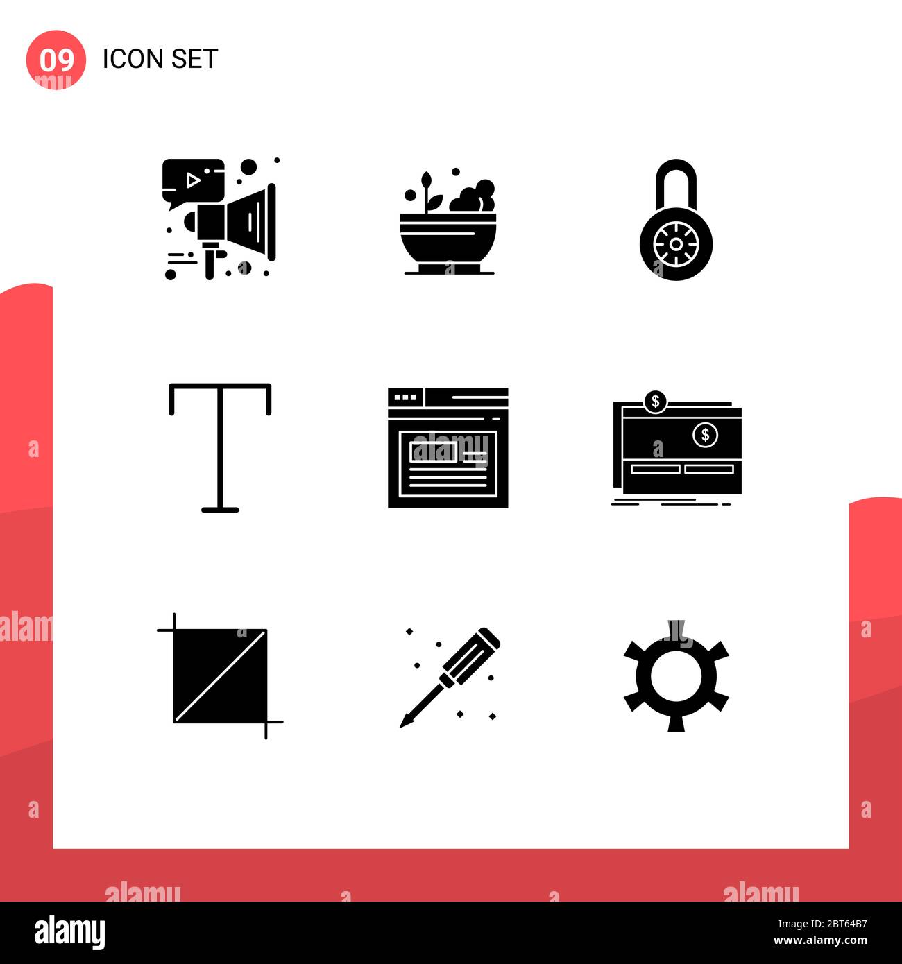 Pictogram Set of 9 Simple Solid Glyphs of website, page, lock, internet, font Editable Vector Design Elements Stock Vector