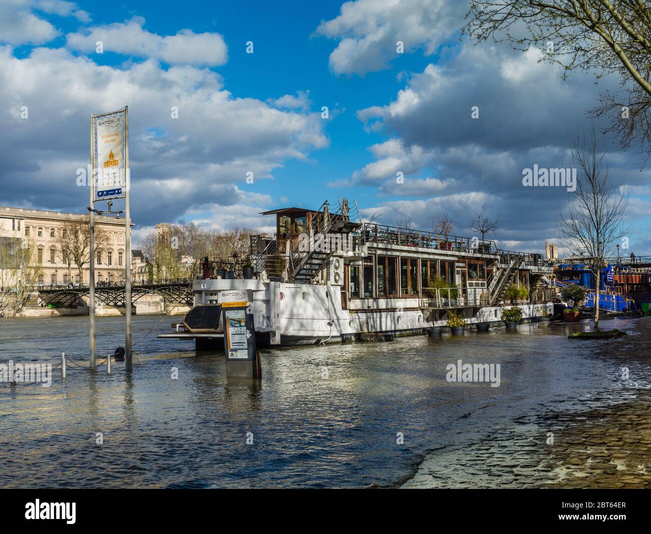 'Batobus' tourist river transport moored on the river Seine at Saint Germain des Prés, Paris 6, France. Stock Photo