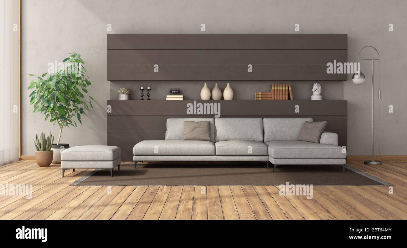 Modern living room with elegant sofa on brown concrete wall with decor objects - 3d rendering Stock Photo