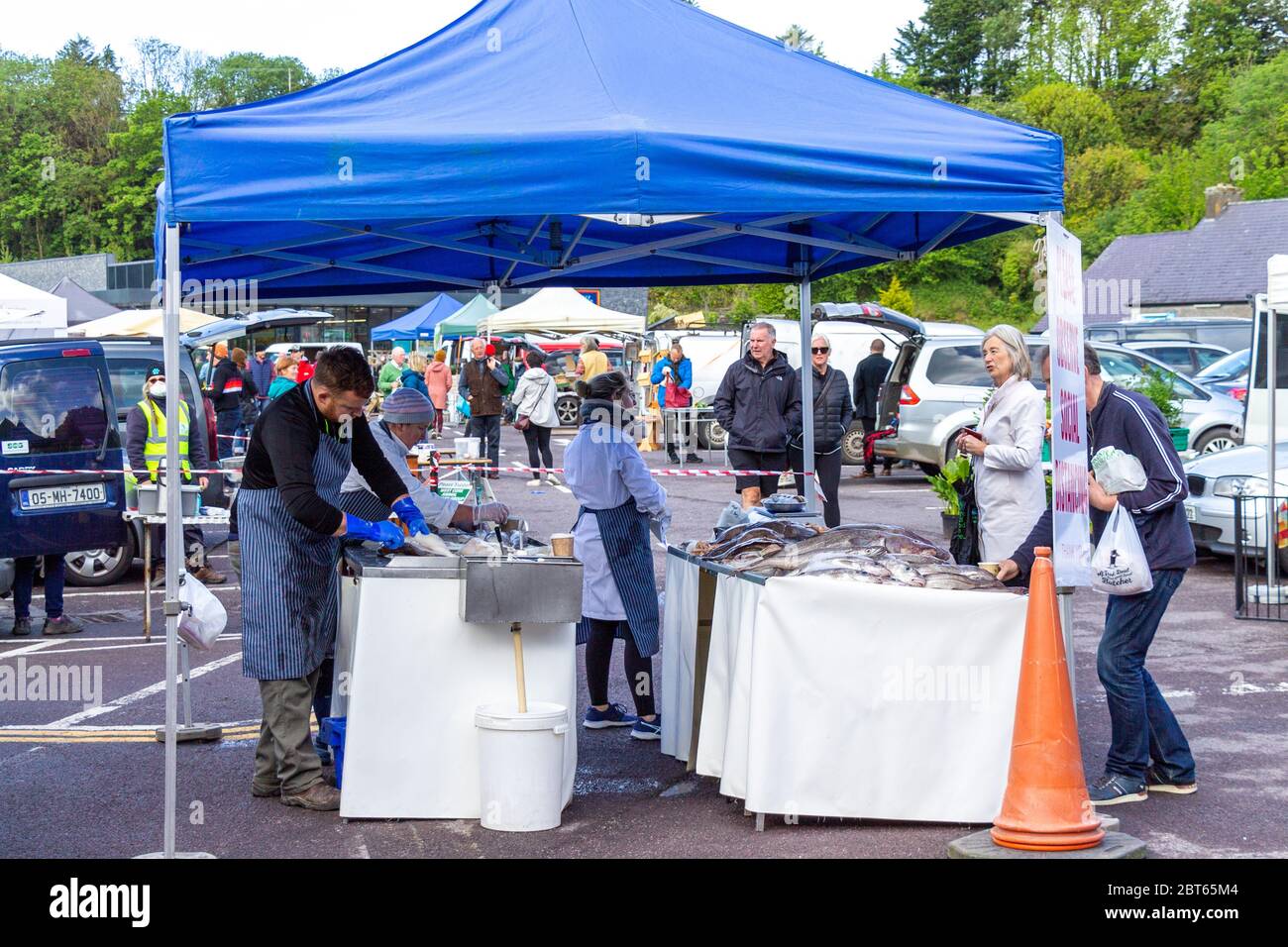 Skibbereen, West Cork, Ireland, 23rd May 2020. The Saturday Farmers Market in Skibbereen opened up today for the first time since the lockdown stopped market stall holders trading over 2 months ago.   Credit aphperspective/ Alamy Live News Stock Photo