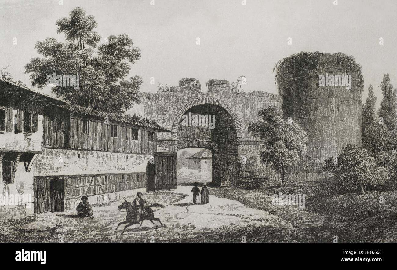 Ottoman Empire. Turkey. Triumphal gate of the ancient town of Adrianople  (today Edirne). Turkey. Engraving by