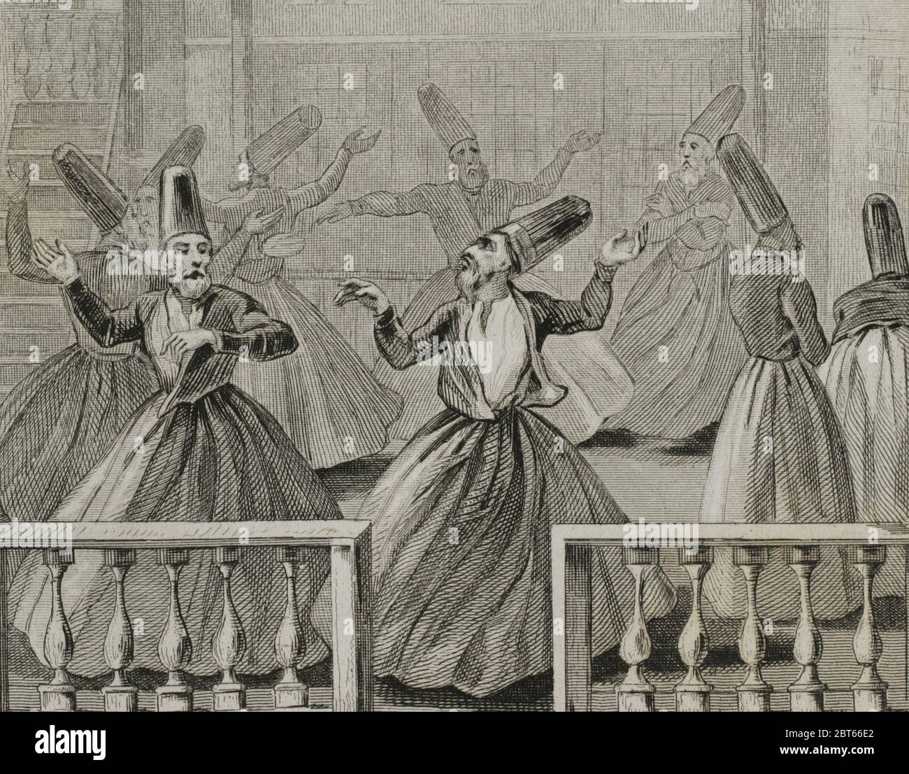 Ottoman Empire. Turkey. Whirling Derviches. Mevlevi Order. The whirling dervishes were founded by Jelaluddin Rumi (1207-1273). Engraving by Lemaitre, Vernier and Monnin. Historia de Turquia by Joseph Marie Jouannin (1783-1844) and Jules Van Gaver, 1840. Stock Photo