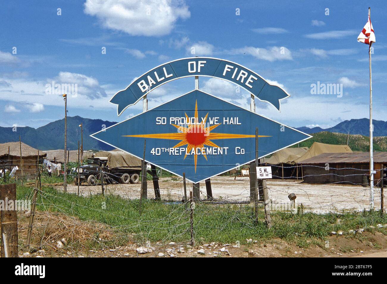 Sign for the US Army's 40th Infantry, Division Replacement Company 1953, just after the Korean War was over. The name 'Ball of Fire' was a fairly short-lived and the division became known as 'The Grizzly Division'. The 40th Infantry Division ('Sunshine Division') is part of the US Army.  It saw active service in the Korean War (1950–53), participating in the battles of Sandbag Castle and Heartbreak Ridge. The division remained in Korea until May 1954. In 1953 their HQ moved to Tokyo, then to Yokohama and finally in October to Camp Zama, southwest of Tokyo. Stock Photo