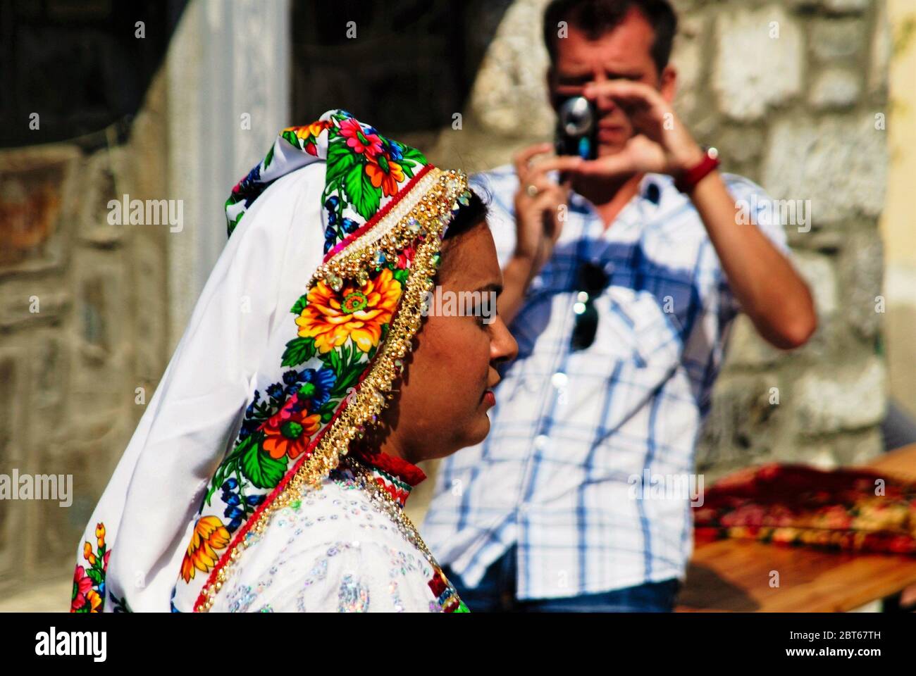 A woman dressed in traditional costume in Olympos village of Karpathos island, Greece, August 15 2008. Stock Photo