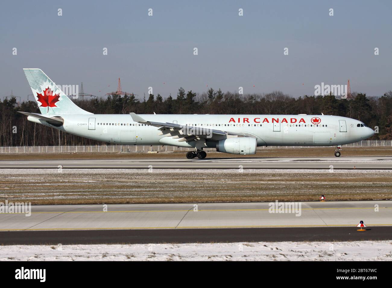 Air Canada Airbus A 330-300 with registration C-GHKX just landed on runway 07L of of Frankfurt Airport. Stock Photo