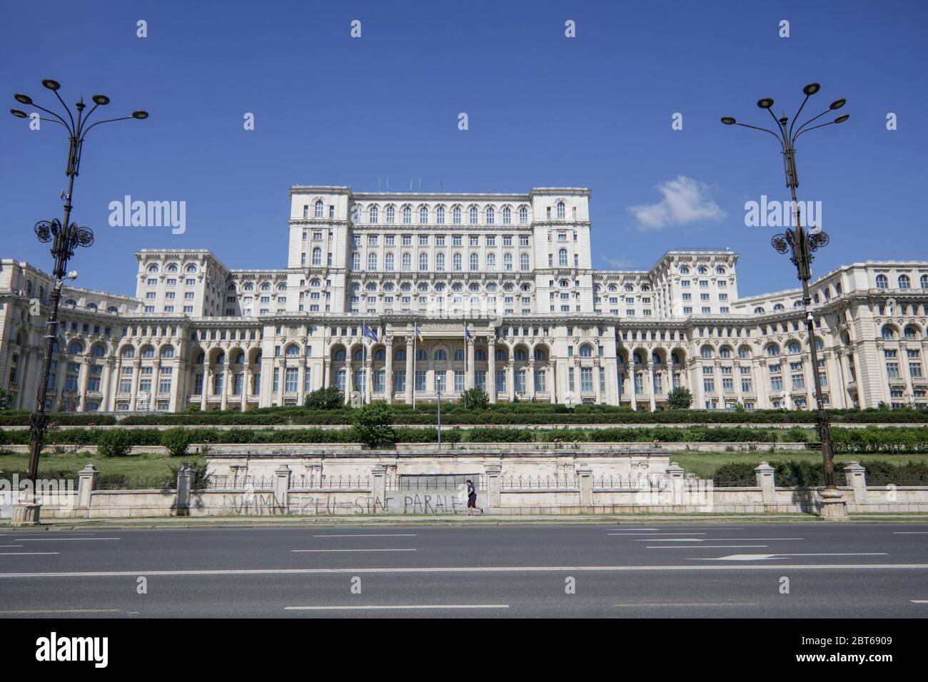 Bucharest, Romania - May 23, 2020: The Palace of Parliament building in Bucharest as seen from Piata Constitutiei (Constitution Square). Stock Photo