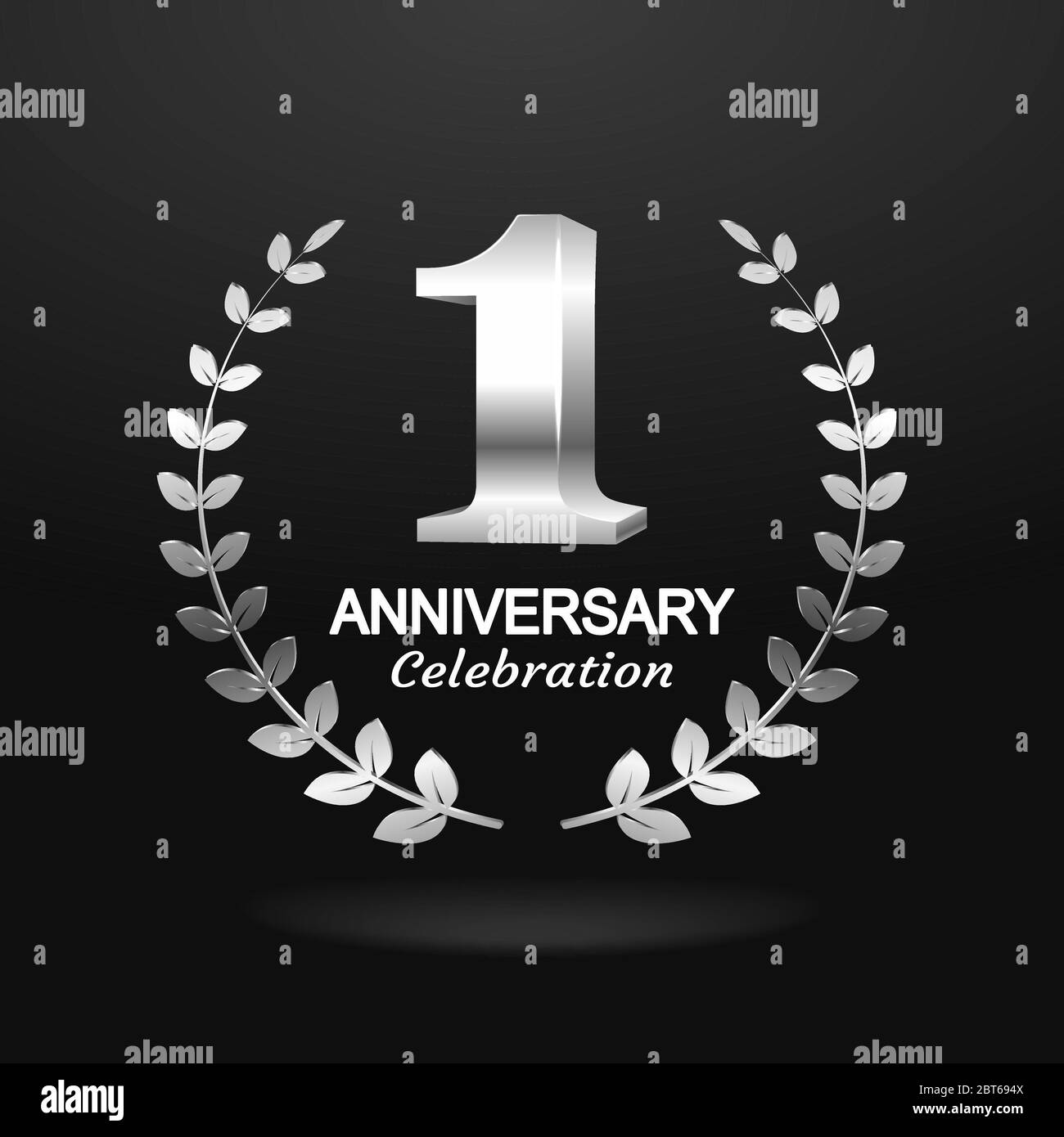 1st anniversary logo with blue ribbon and laurel wreath, vector