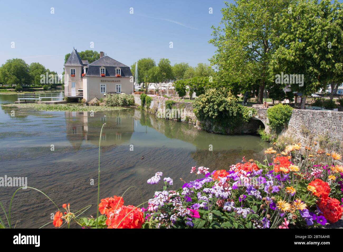 The water fountain in the Loire river at La Flèche Stock Photo