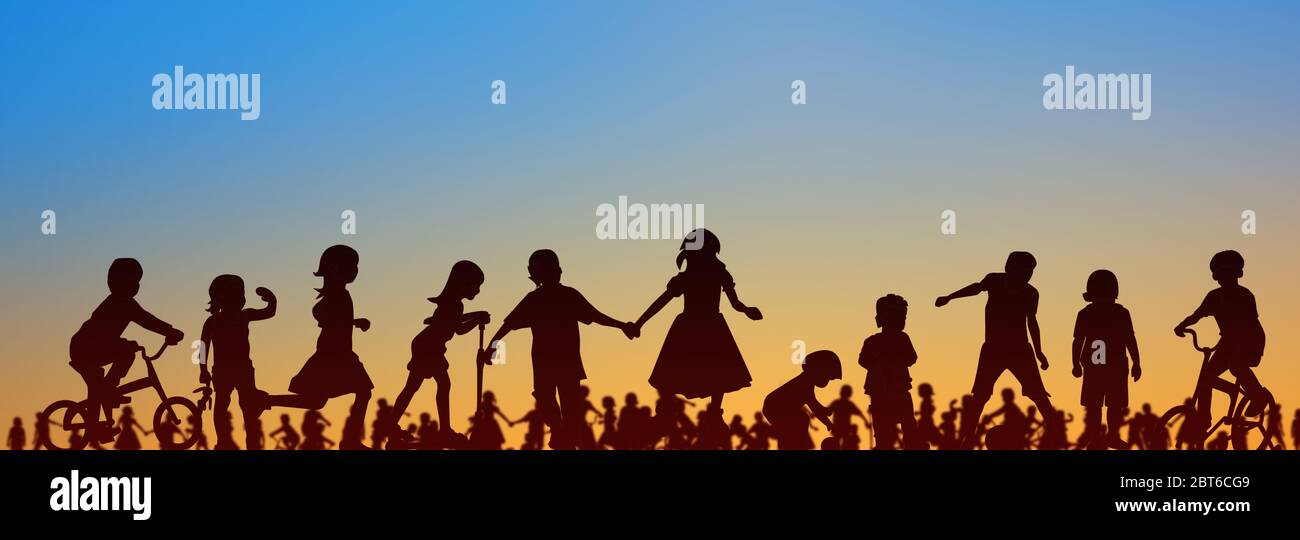 kids; group of children playing with sunset sky background; people silhouette - Stock Photo
