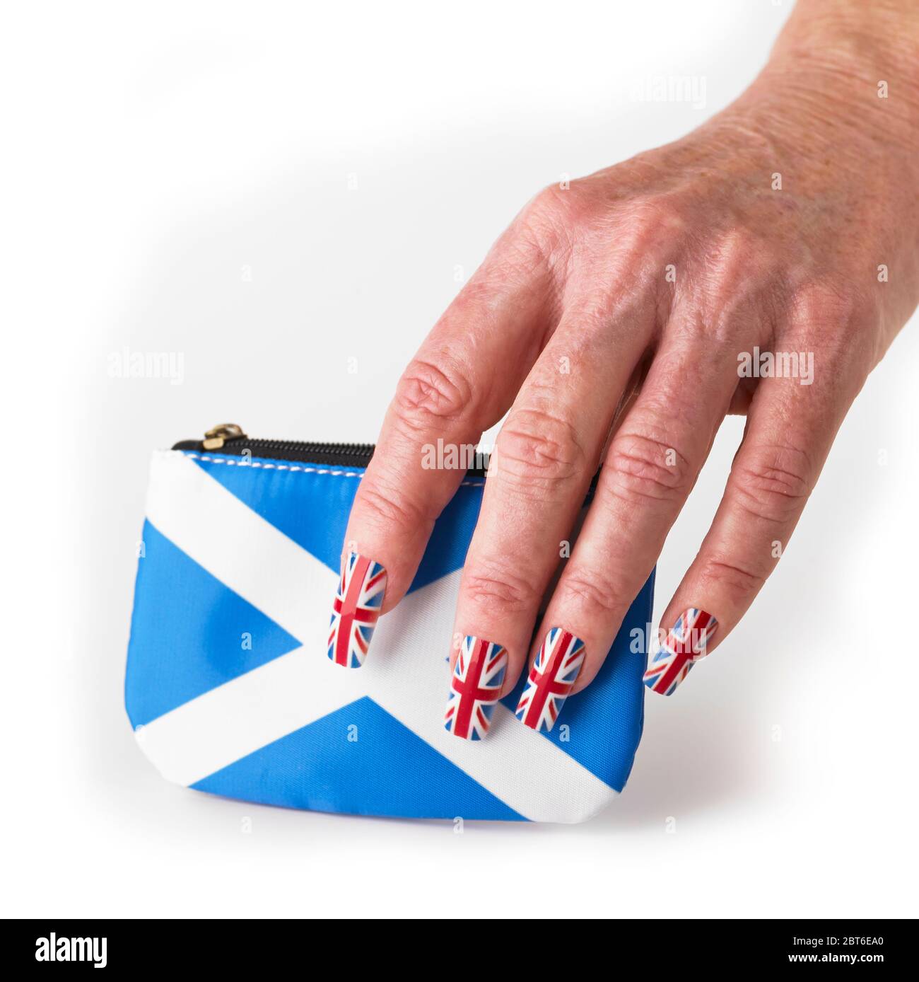 Hand wearing Union flag false nails holding Scottish Saltire purse on white background Stock Photo