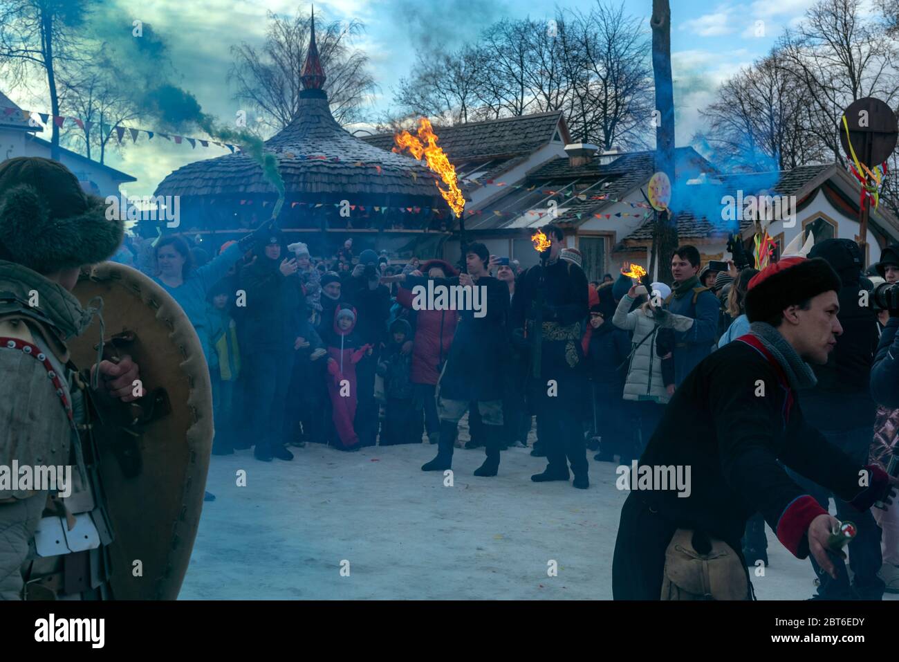 Burning of scarecrow to celebrate the arrival of spring on holiday Maslenitsa in Suzdal, Russia. Maslenitsa is an Eastern Slavic religious festival. Stock Photo