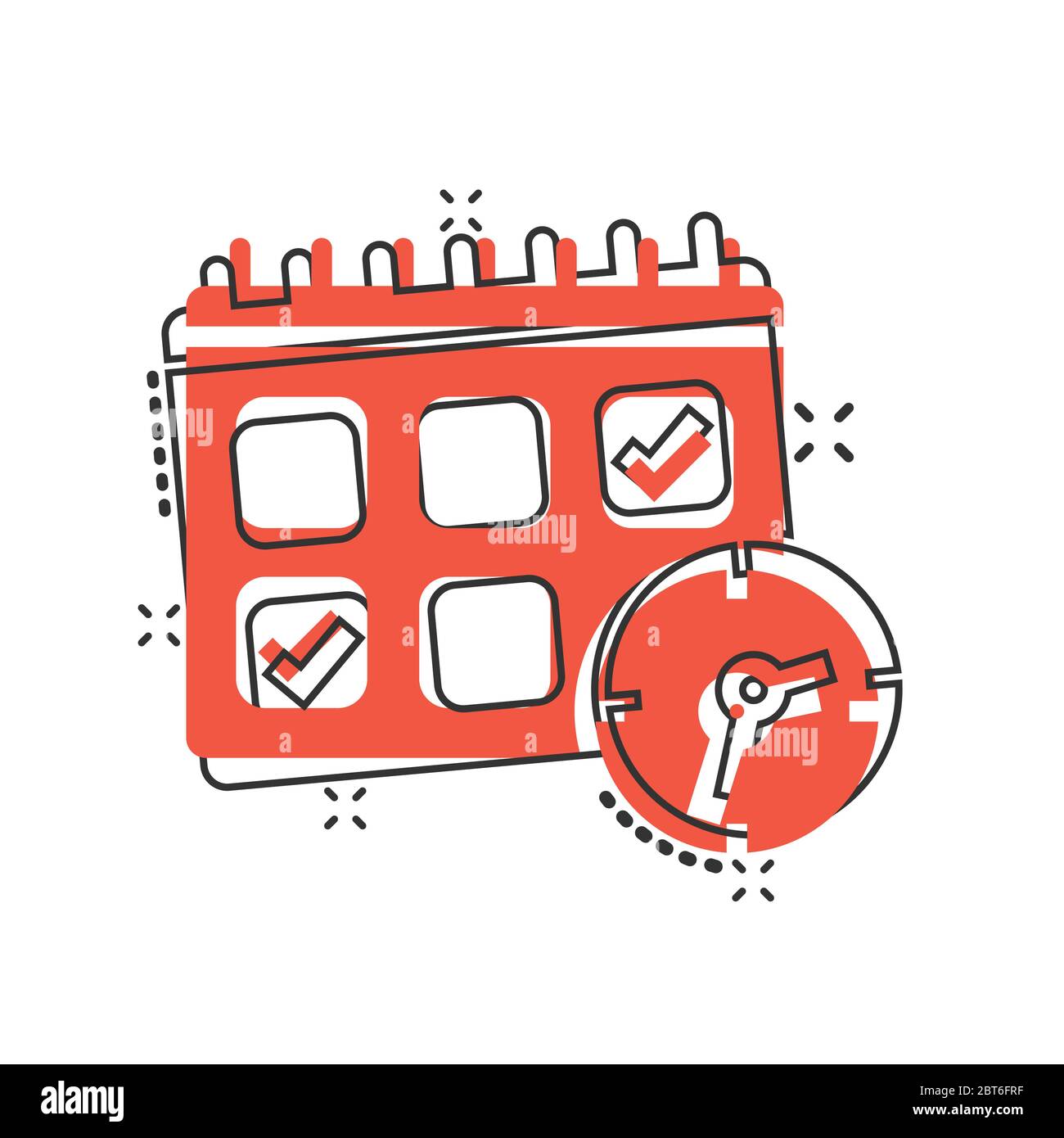Calendar with clock icon in comic style. Agenda cartoon vector illustration  on white isolated background. Schedule time planner splash effect business  Stock Vector Image & Art - Alamy