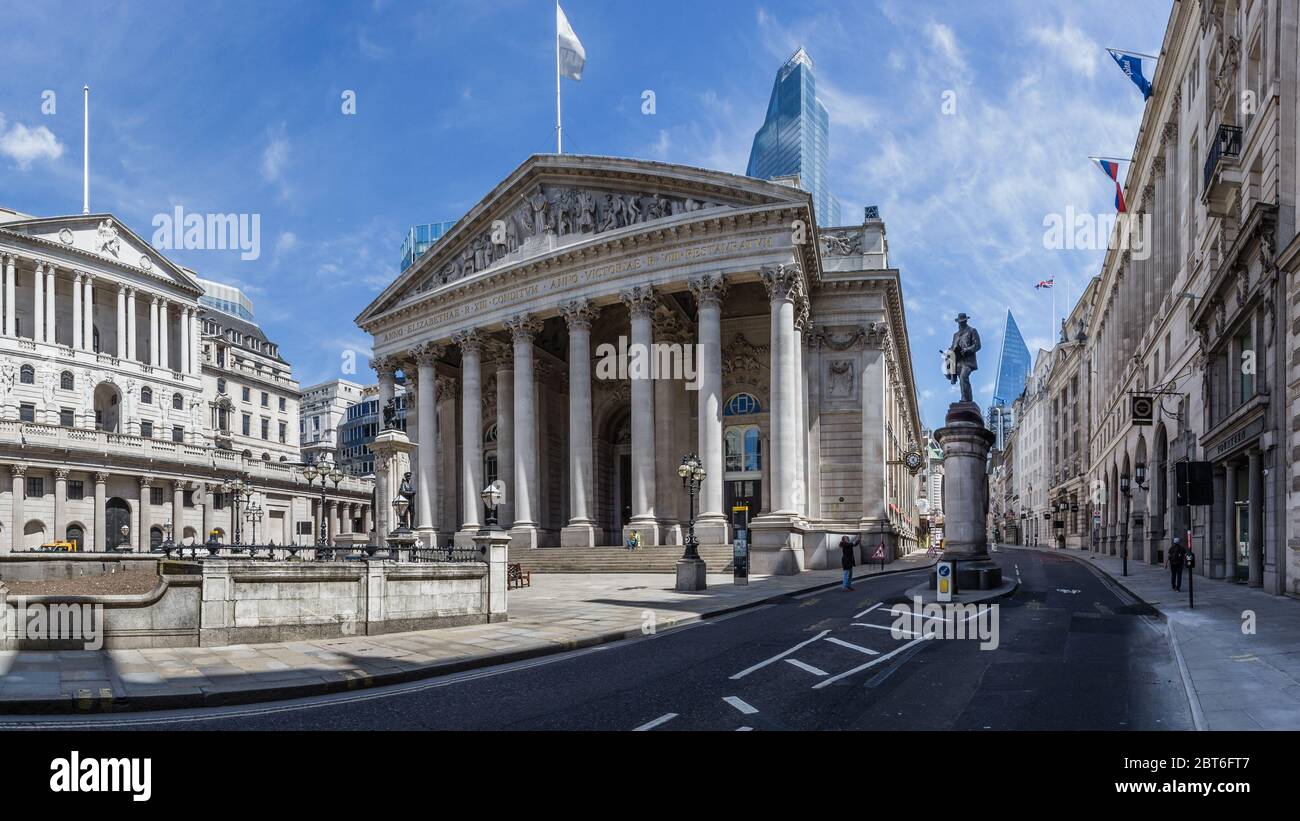 The famous Royal Exchange, and the Bank Of England in the City of London deserted. Stock Photo
