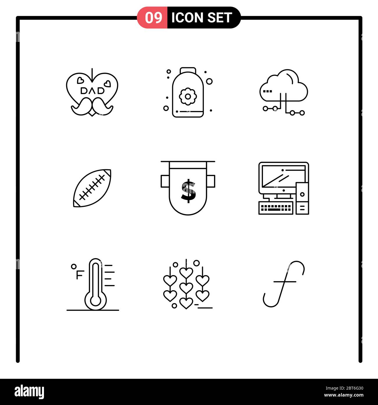 Universal Icon Symbols Group of 9 Modern Outlines of sport, rugby, cloud, football, afl Editable Vector Design Elements Stock Vector
