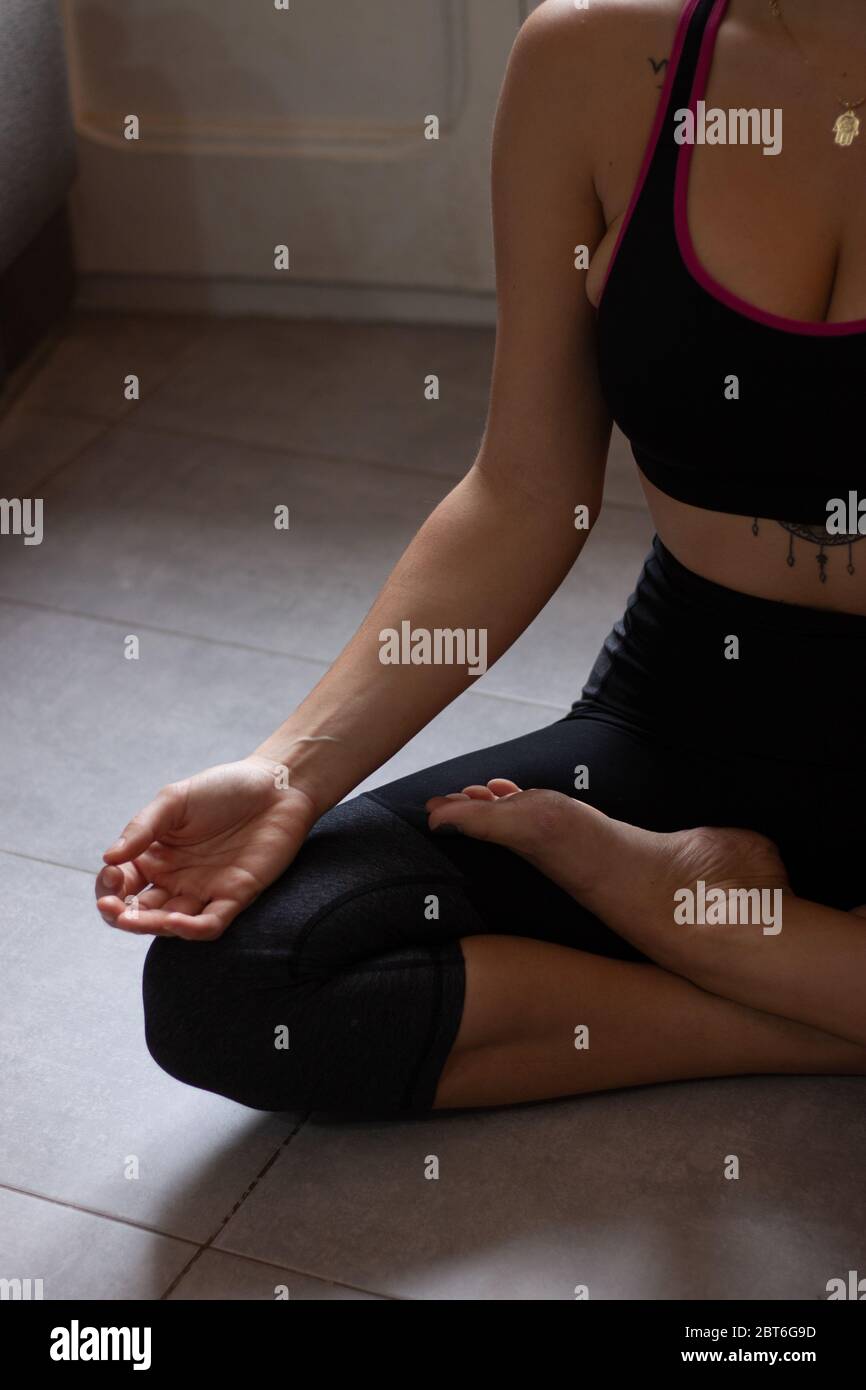 Close Up View Of Young Beautiful Woman Doing Morning Yoga After Waking Up At Home Female Model Sitting Cross Legged In Easy Pose Sukhasana Posture A Stock Photo Alamy