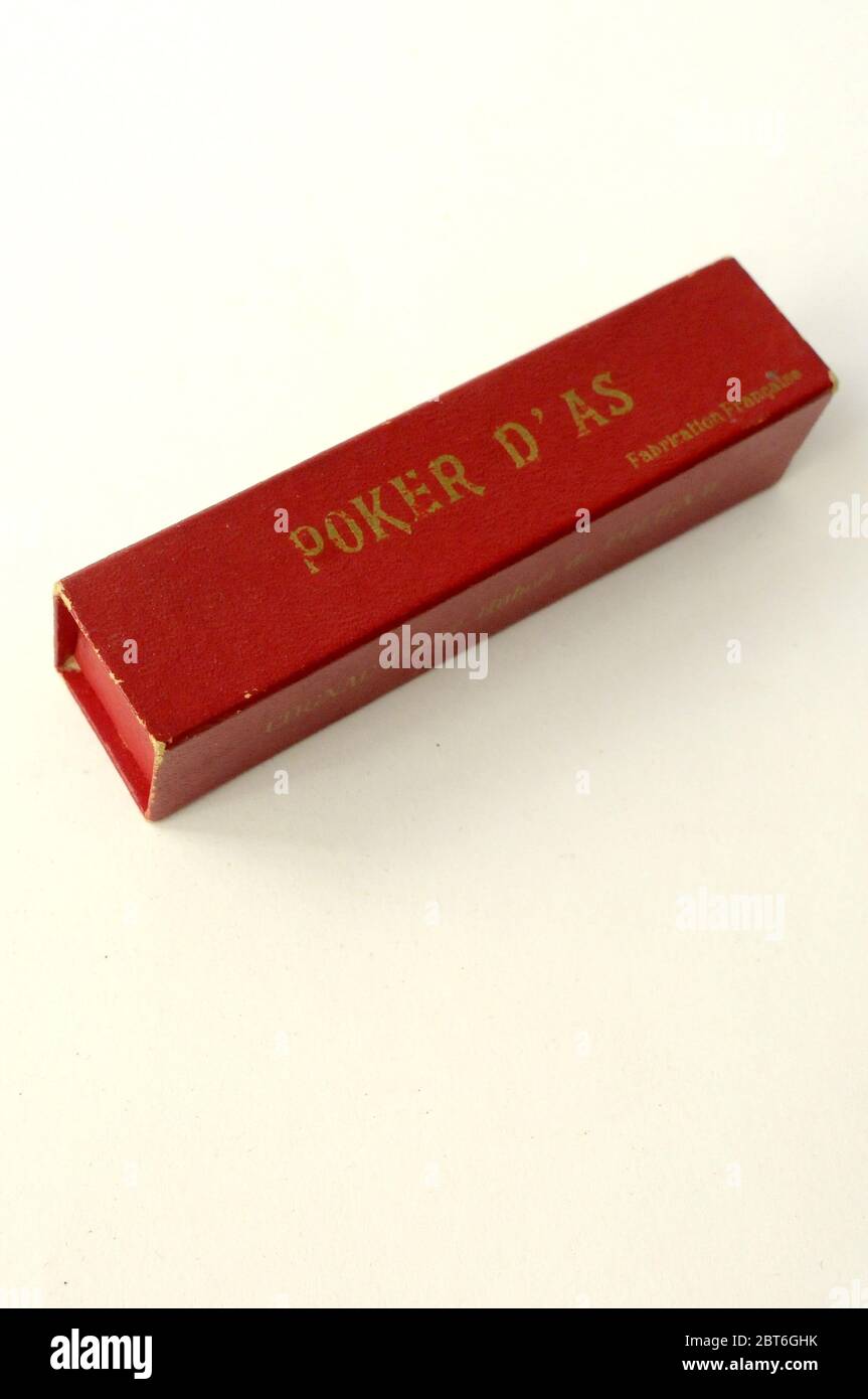 box of dice; Poker d'As; FABRICATION FRANÇAISE. Stock Photo