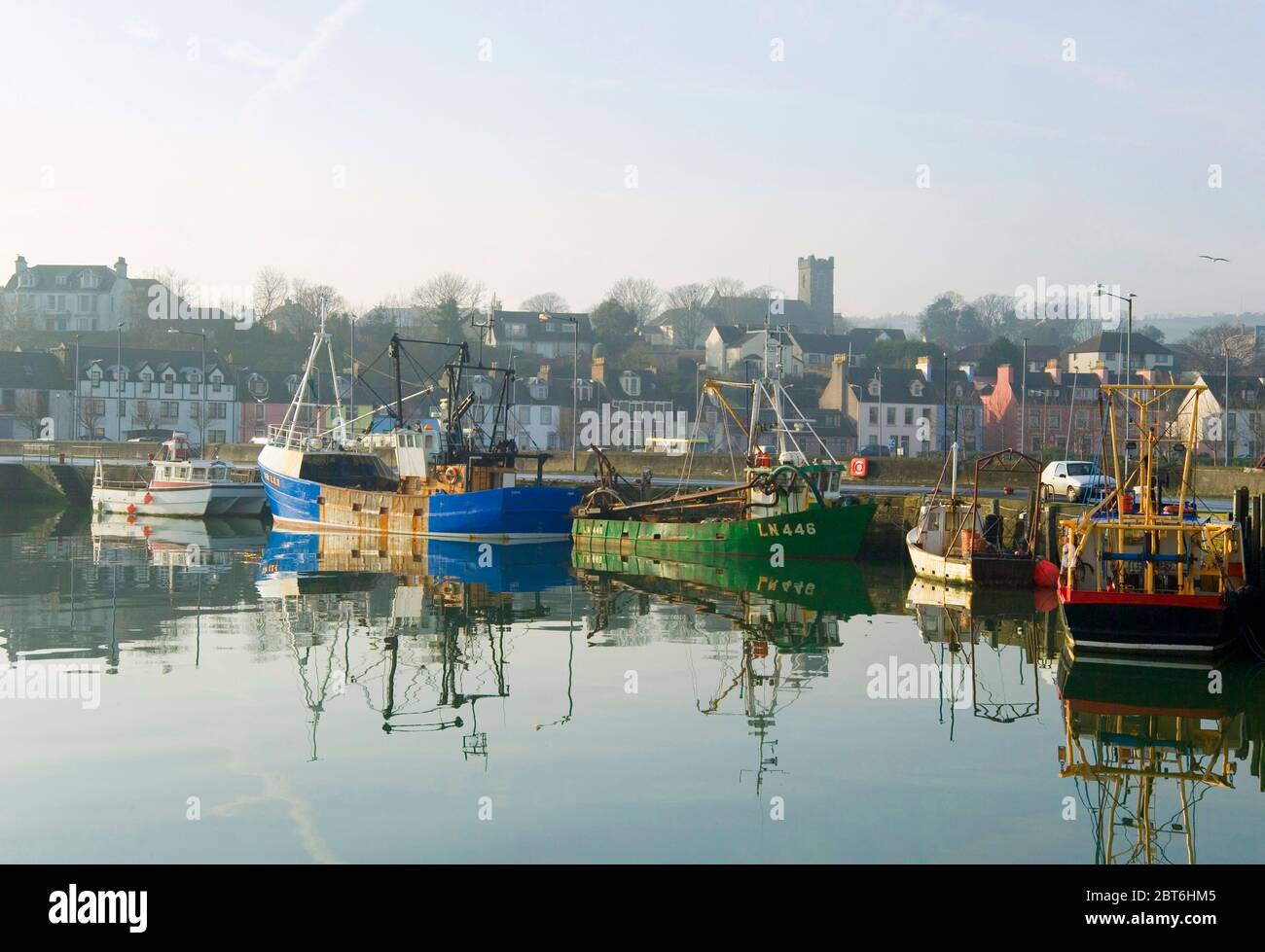 Stranraer Harbour in morning mist, Wigtownshire Stock Photo
