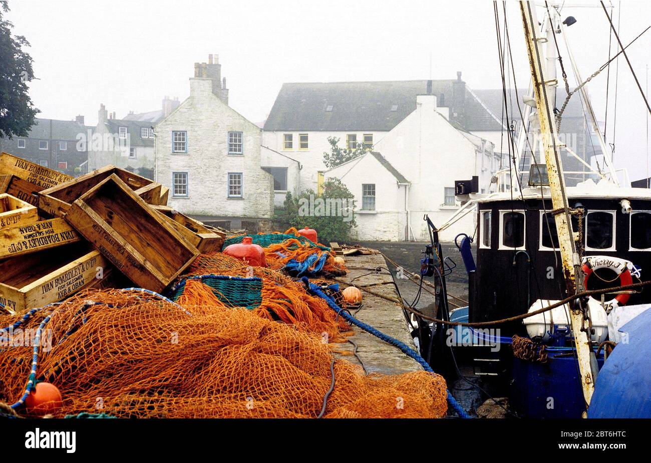 Kirkcudbright Harbour scene with fishing gear Stock Photo