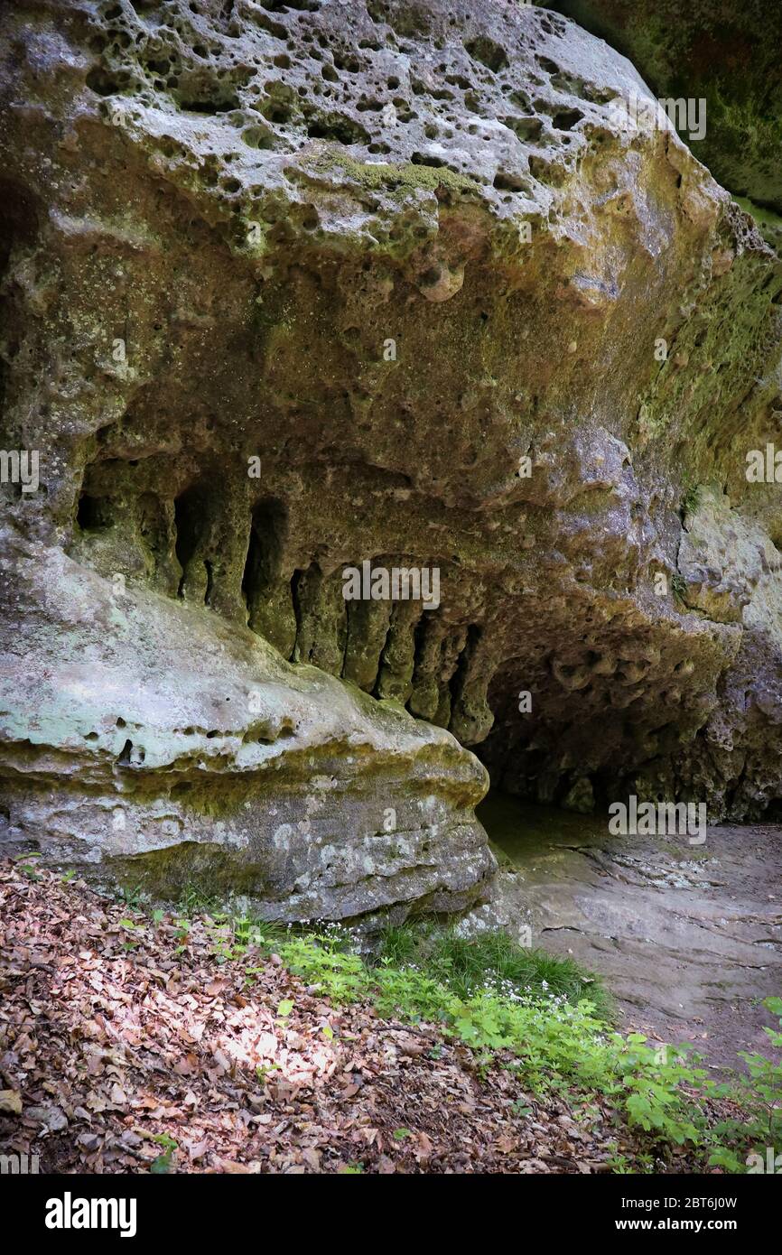 Intersting rock formation near Hohllay Cave in a forest in Luxembourg. Stock Photo