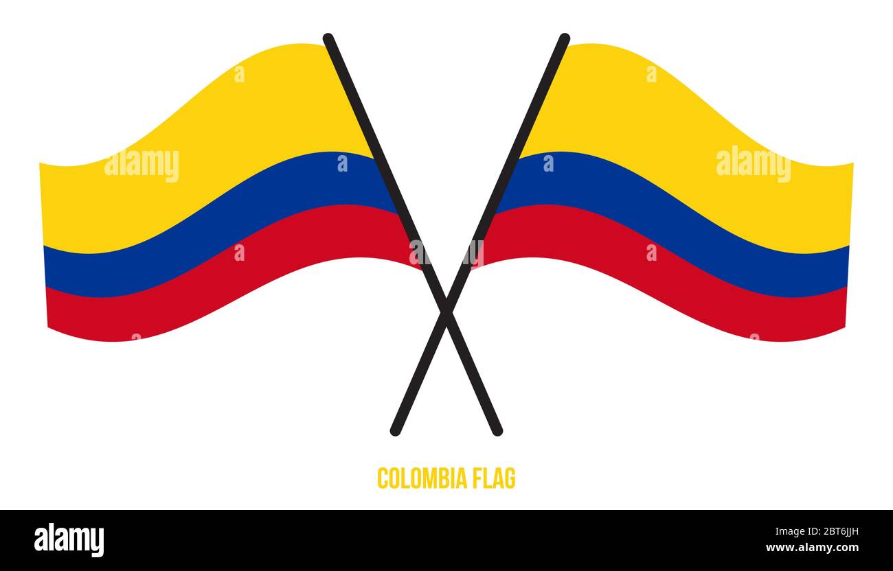 Two Crossed Waving Colombia Flag On Isolated White Background. Colombia Flag Vector Illustration. Stock Vector