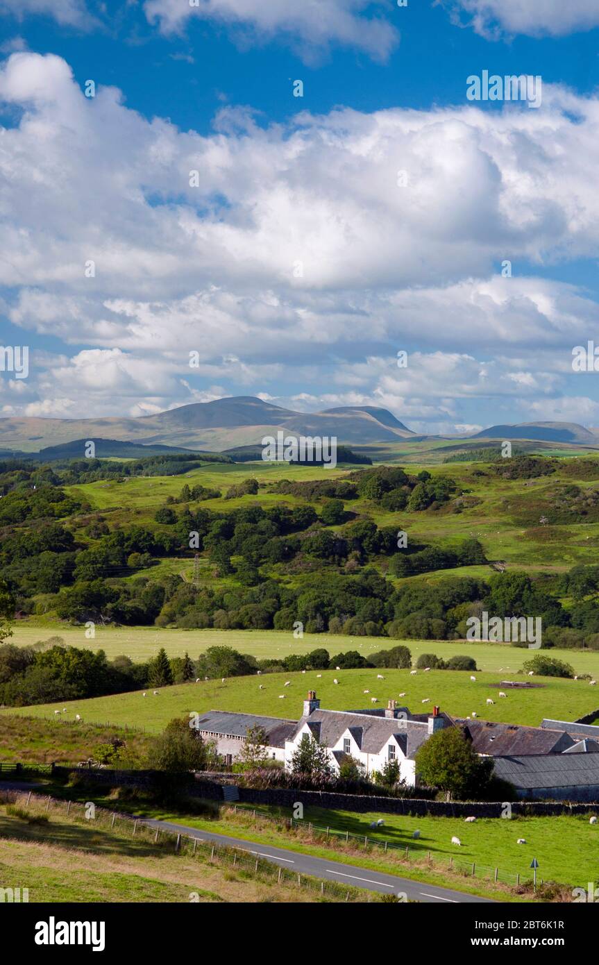 Fintloch Farm overlooking St John's Town of Dalry and Carsphairn Hills, Galloway Stock Photo