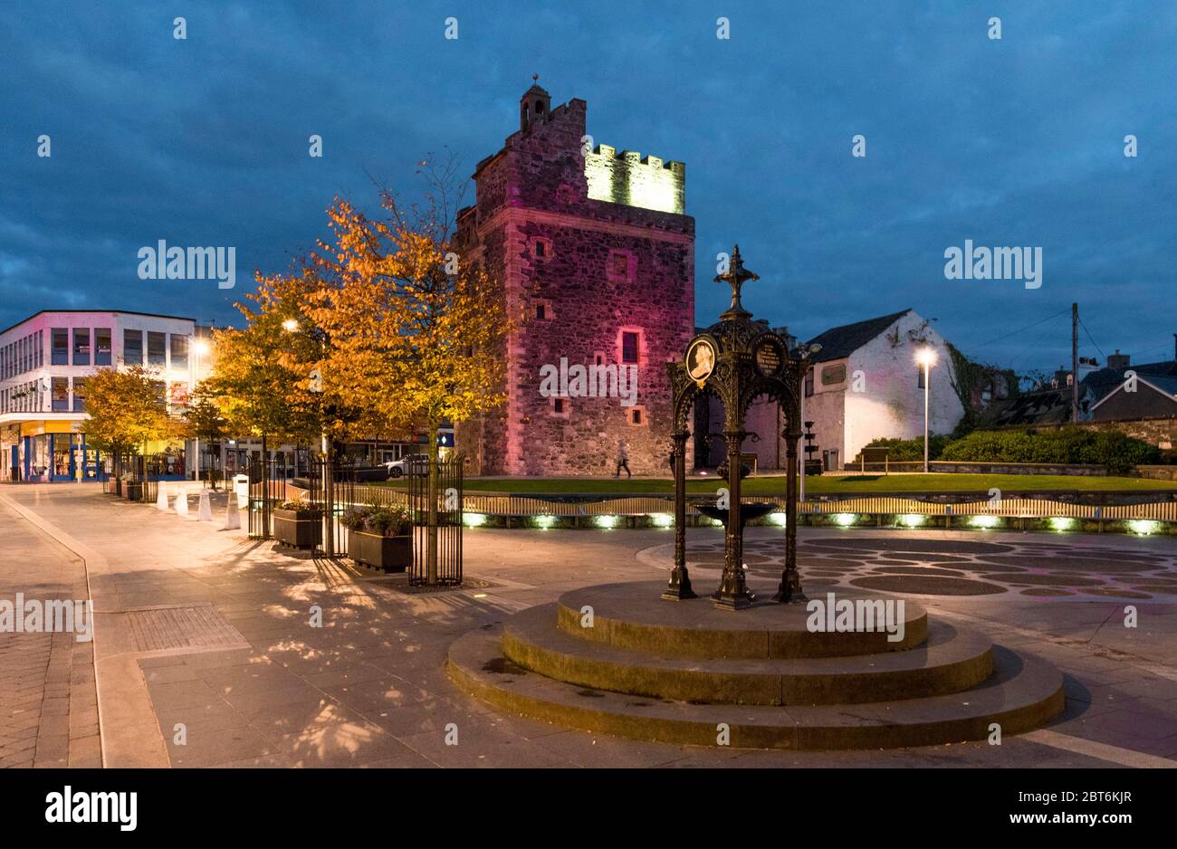 Fountain at St John's Castle Stranraer at dusk Stock Photo