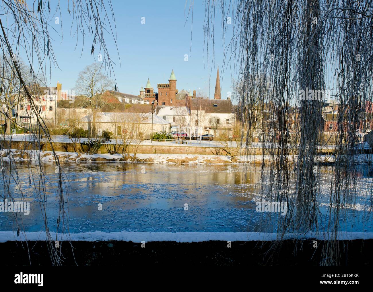 River Nith at Dumfries with weeping willows in winter Stock Photo
