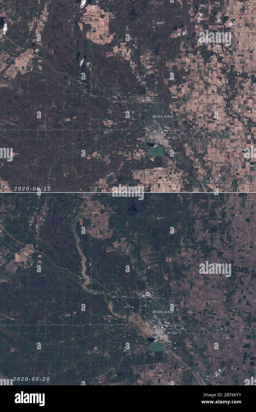Flooding in Midland, Michigan in May 2020 after dams fail - contains modified Copernicus Sentinel and NASA Landsat Data (2020) Stock Photo