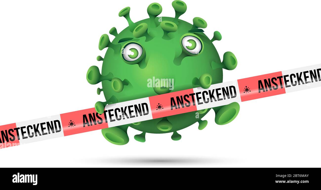 Green virus behind red and white barrier tape with imprint - Ansteckend - German for contagious Stock Vector