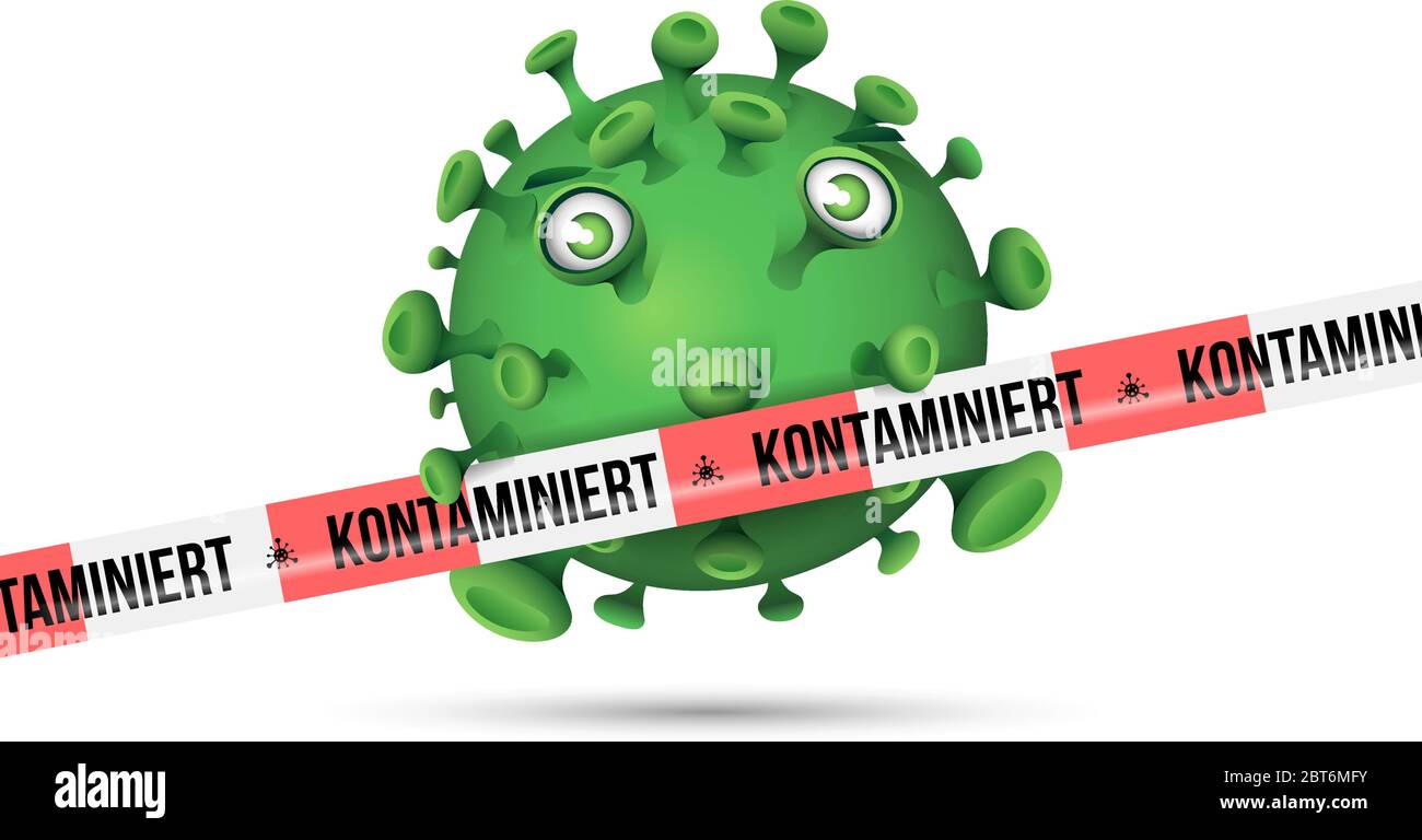 Green virus behind red and white barrier tape with imprint - Kontaminiert - German for contaminated Stock Vector