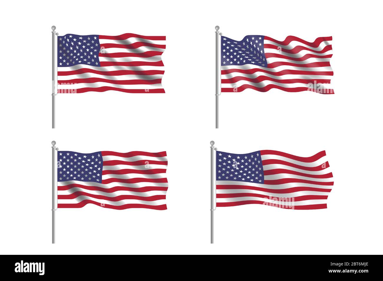 Set of USA flag. Collection of american flags moving in the wind in vector Stock Vector