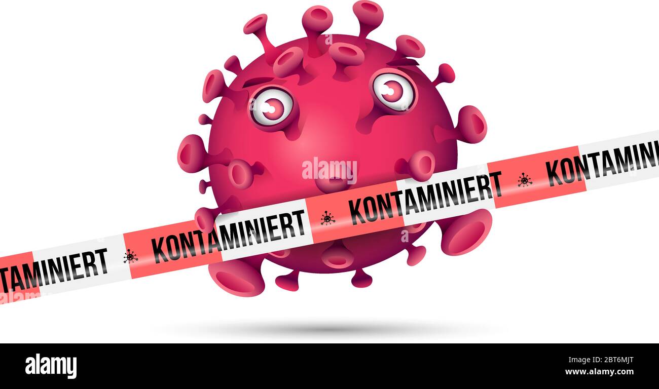 Purple red virus behind red and white barrier tape with imprint - Kontaminiert - German for contaminated Stock Vector