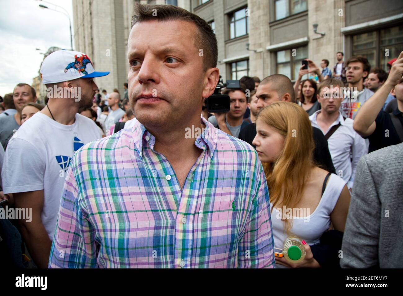 Moscow, Russia. 18th of July, 2013 Russian journalist Leonid Parfenov during an unauthorized opposition rally in defense of Alexey Navalny on Okhotny Ryad street in the center of Moscow, Russia Stock Photo