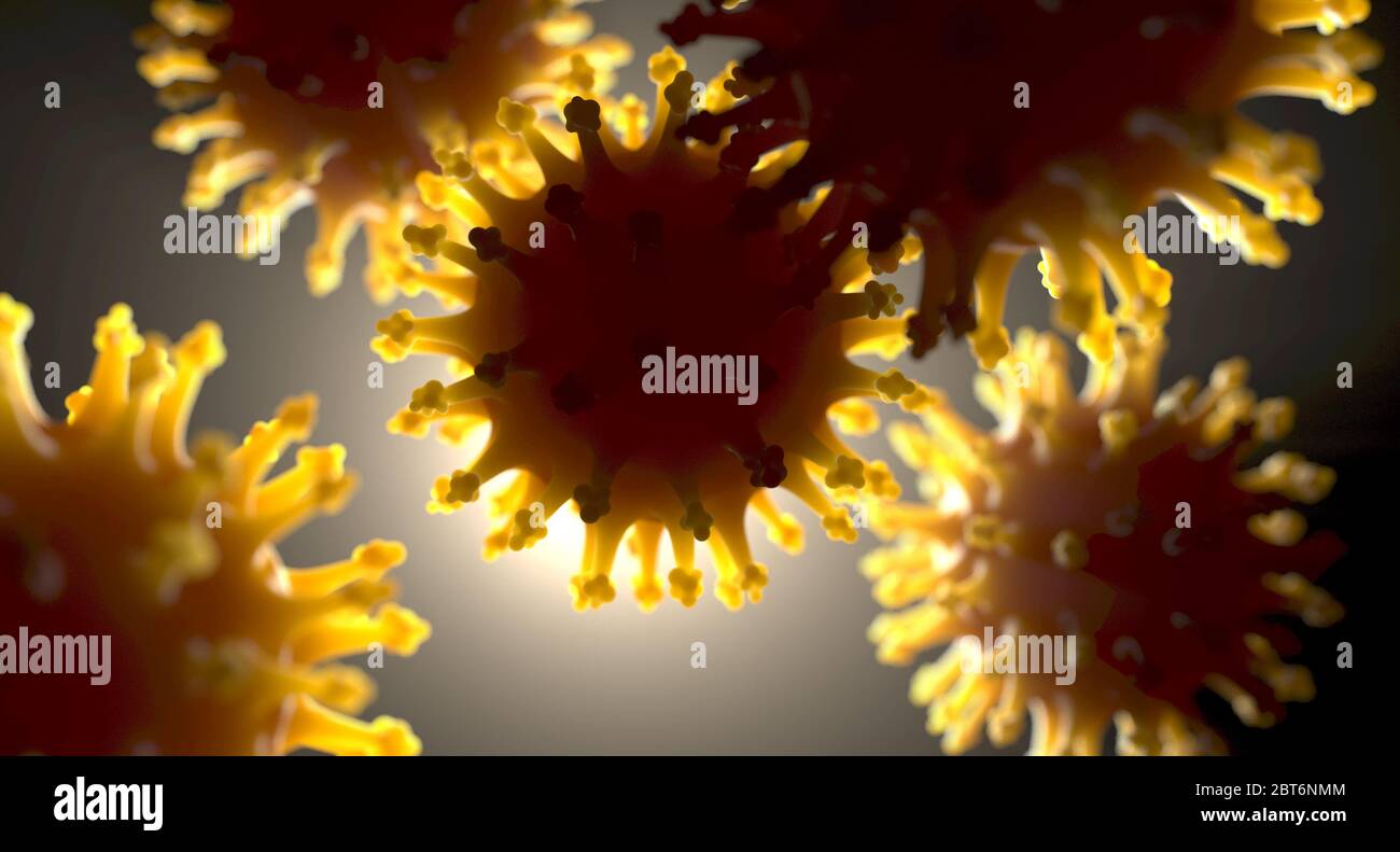 A microscopic close up view of backlit airborne coronavirus particles with glowing yellow edges - 3D render Stock Photo