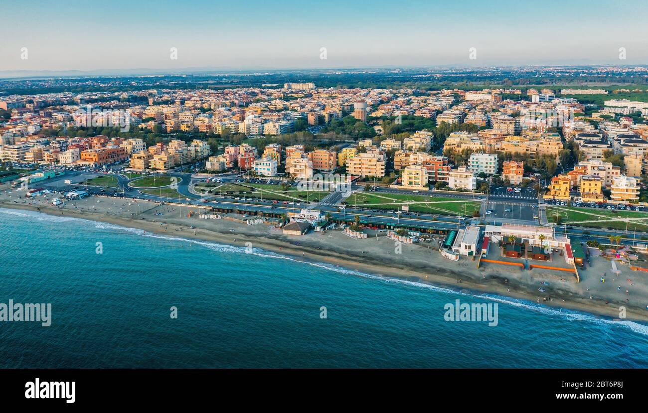 Lido di Ostia famous Italian sandy beach aerial panorama. Stock Photo