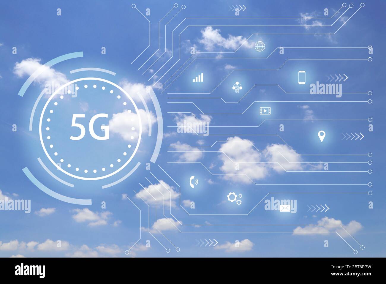 5G network with communication symbols on blue sky background. Stock Photo