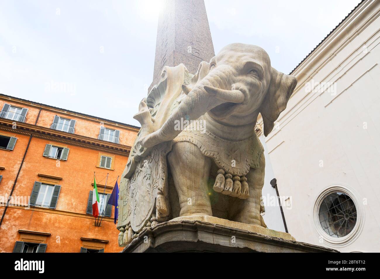 Elephant and Obelisk marble renaissance sculpture, designed by italian Gian Lorenzo Bernini in Piazza della Minerva, Rome, Italy - Monument and touris Stock Photo