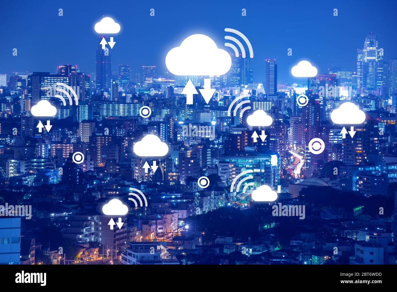 Wireless cloud technology, data communication media for big data calculation and analysis, anywhere access concept , digital twin, Internet of things Stock Photo