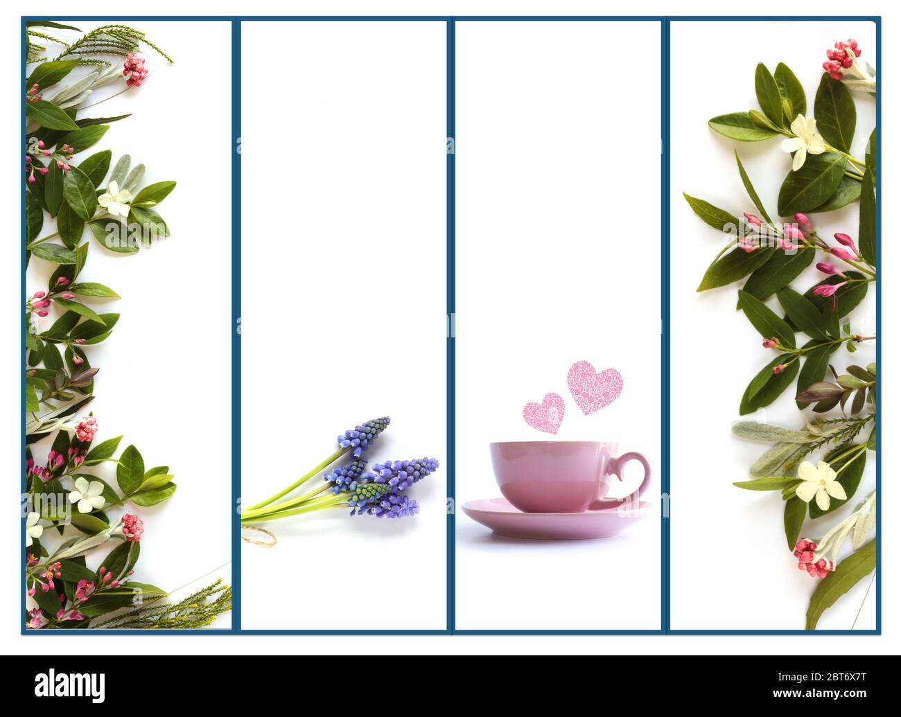 Collage of beautiful photos of summer flowers and cup of tea with pink hearts on white background. Flat lay. Greeting, Mothers day, Birthday, Valentines, invitation, celebration, anniversary card. Spring summer floral border with copy space Stock Photo
