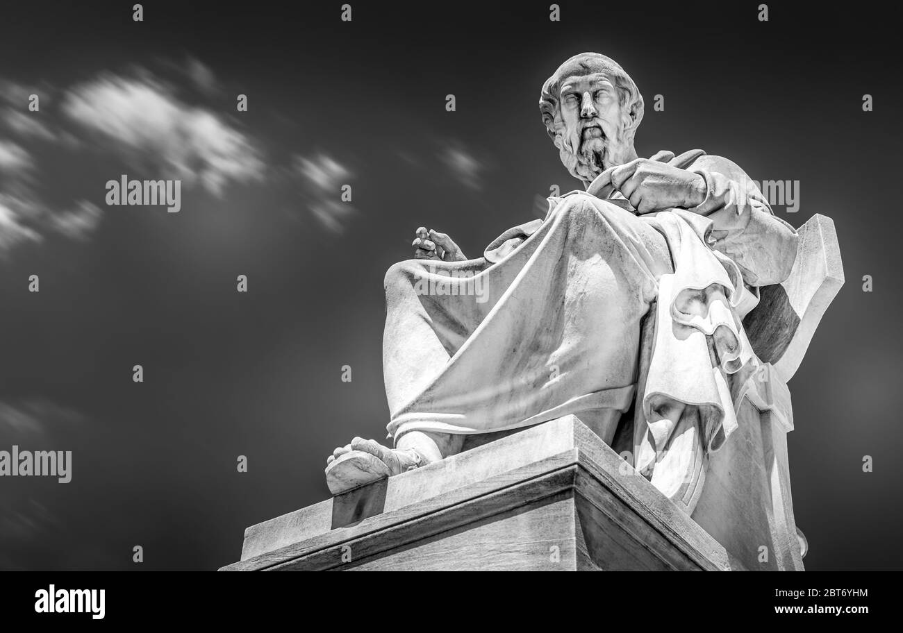 Fine art, black and white statue Plato, one the most important and influential philosophers of all time, in Athens, Greece Stock Photo - Alamy