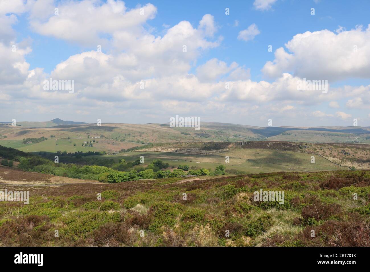Peak District landscape with fluffy clouds and sunshine Stock Photo